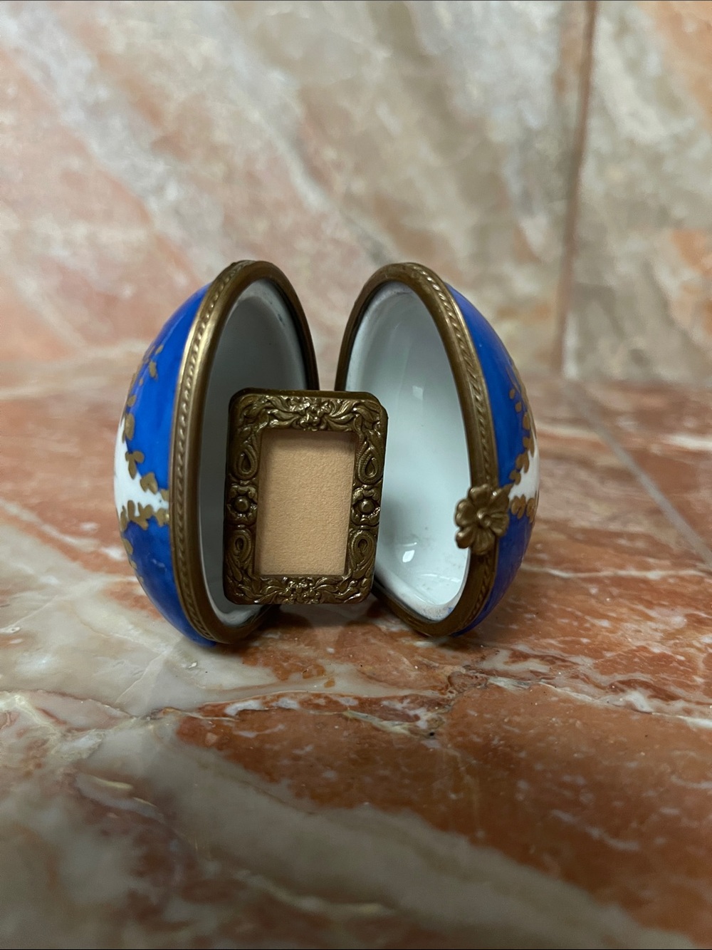 Limoges Blue and White Enamel Egg Trinket with Gilded Frame